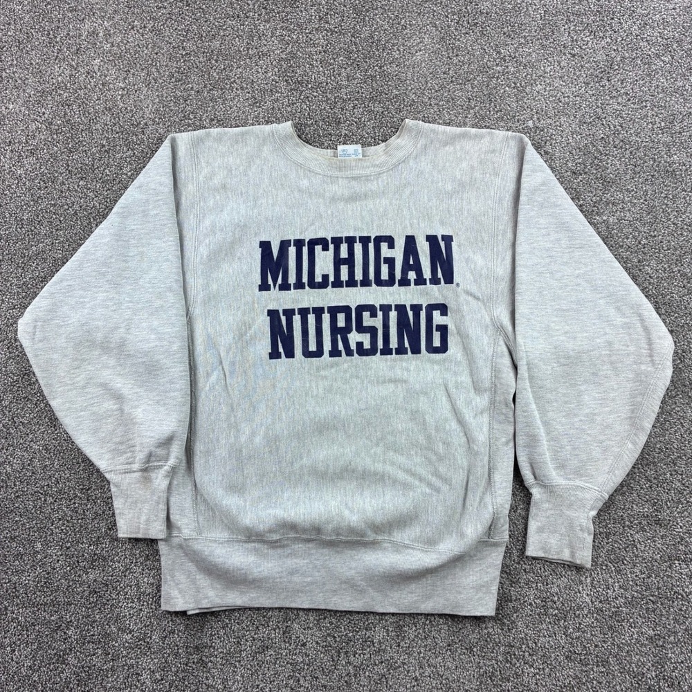 Vintage Champion Reverse Weave Sweatshirt Mens Medium Gray Michigan Nursing USA